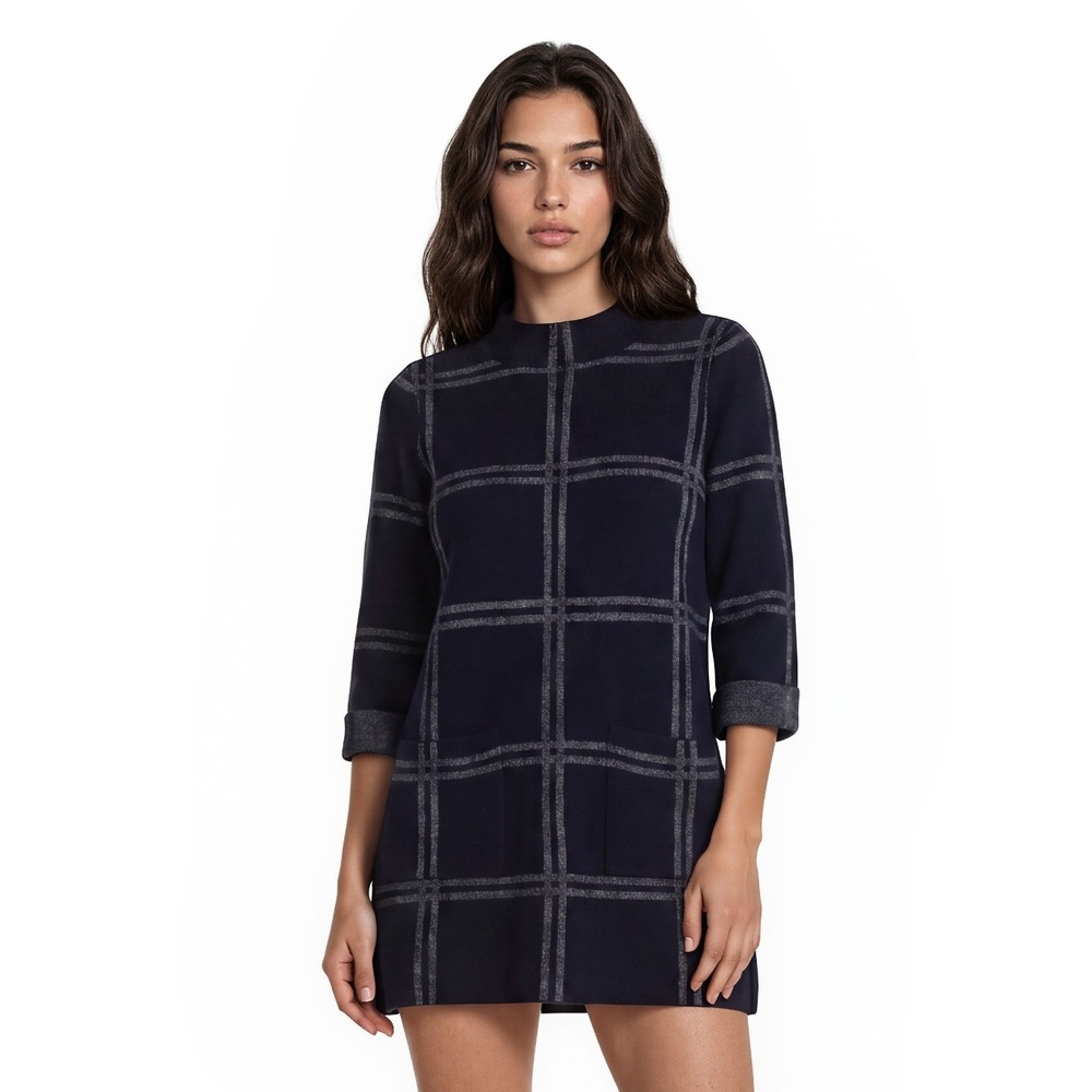 Moth Anthropologie Sweater Dress Women's Size Large Navy Windowpane Plaid Tunic